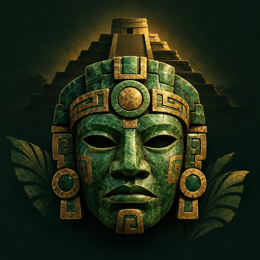 La Maledizione dei Maya, cena con delitto: una maschera di giada davanti a un tempio